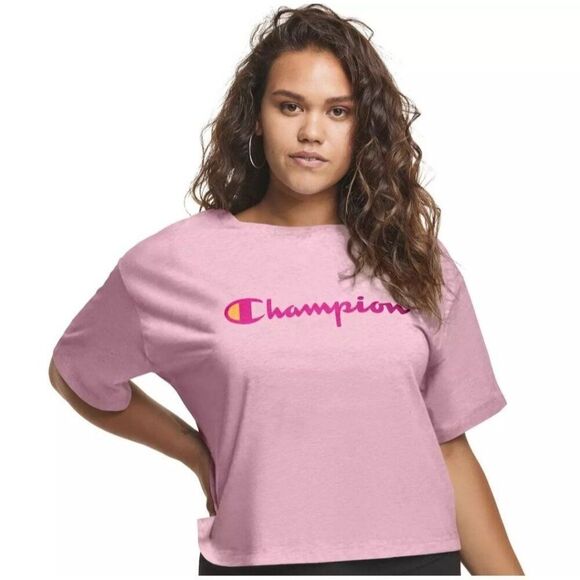 Champion Womens Plus Cropped Tee 2X Pink Short Sleeve Graphic Casual Relaxed Fit - Picture 1 of 7